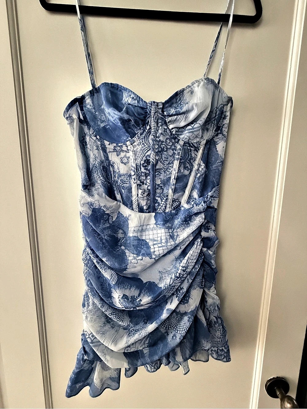 Brand new with tags Floral Ruched Corset Dress Blue & White Mini with frill edge